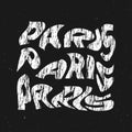 Paris typography text or slogan. Wavy letters with grunge, rough texture. T-shirt graphic with ripple or glitch effect.